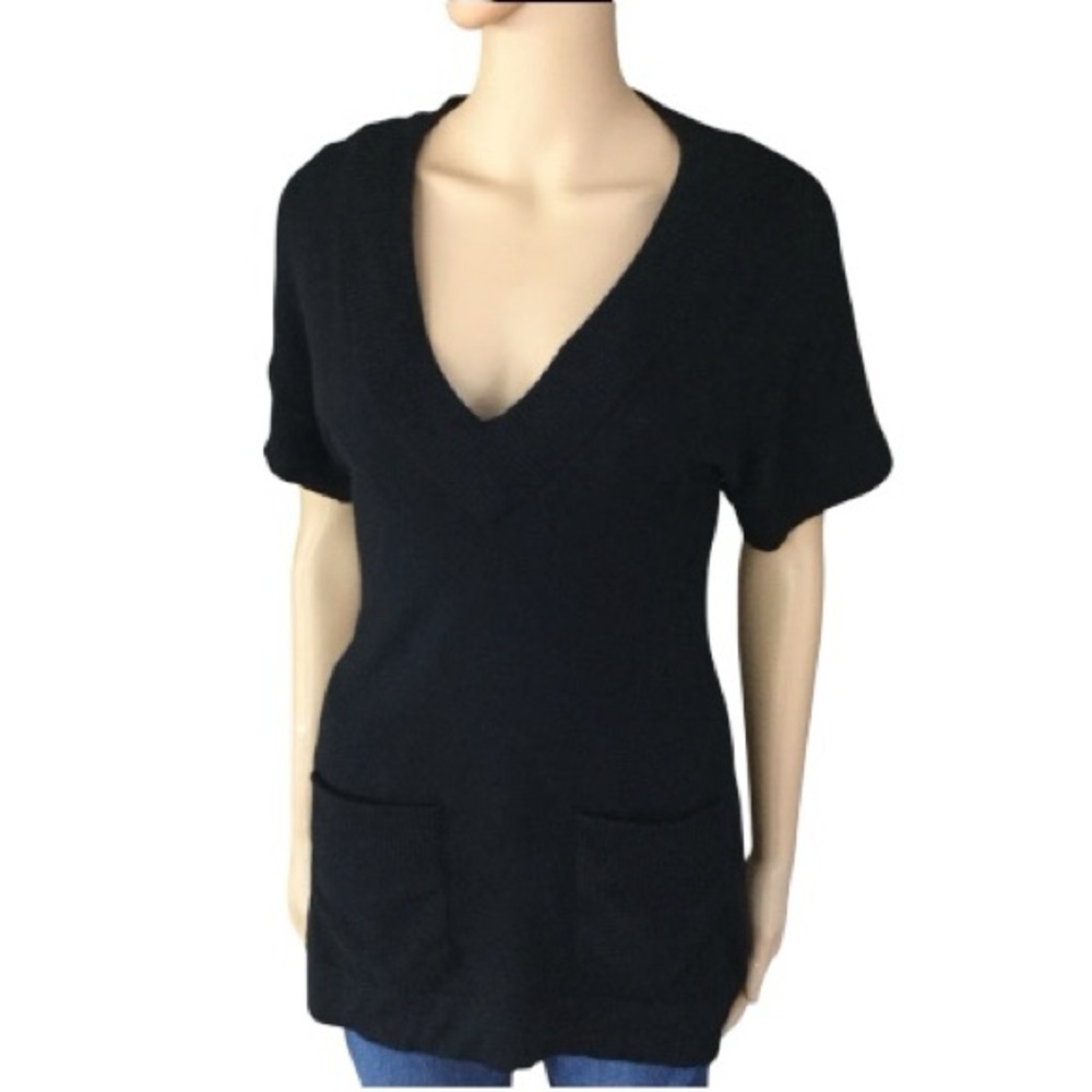Vintage Trina Turk Black Knitted Sweater V-Neck Tunic Silk Wool Cashmere blend